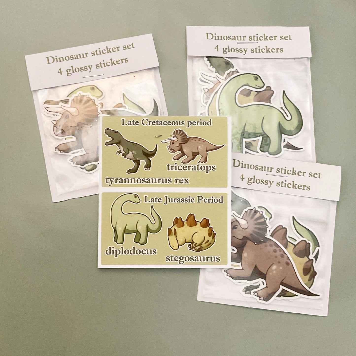 4 Glossy Dinosaur Stickers - Triceratops, Trex, Stegosaurus, Diplodocus