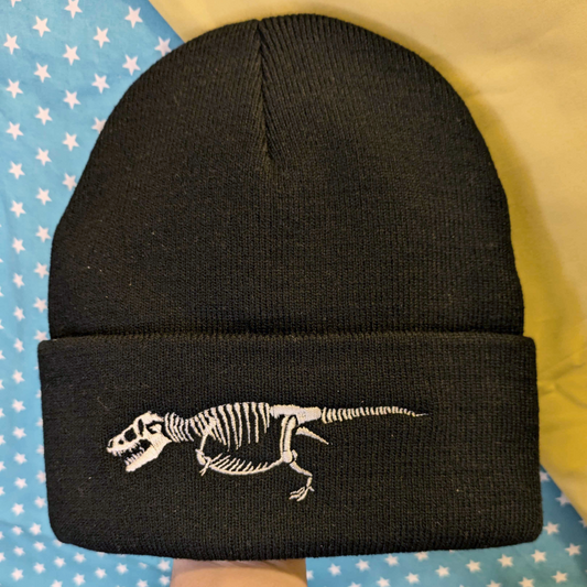 Black Beanie with Embroidered T-rex Skeleton