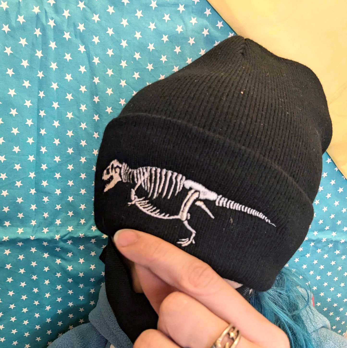 Black Beanie with Embroidered T-rex Skeleton