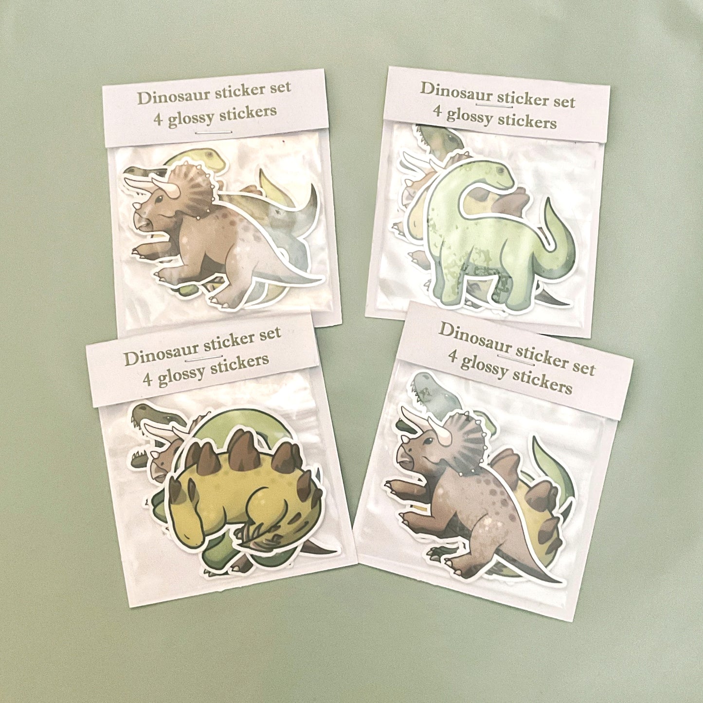 4 Glossy Dinosaur Stickers - Triceratops, Trex, Stegosaurus, Diplodocus