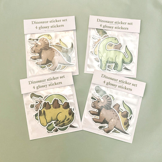 4 Glossy Dinosaur Stickers - Triceratops, Trex, Stegosaurus, Diplodocus