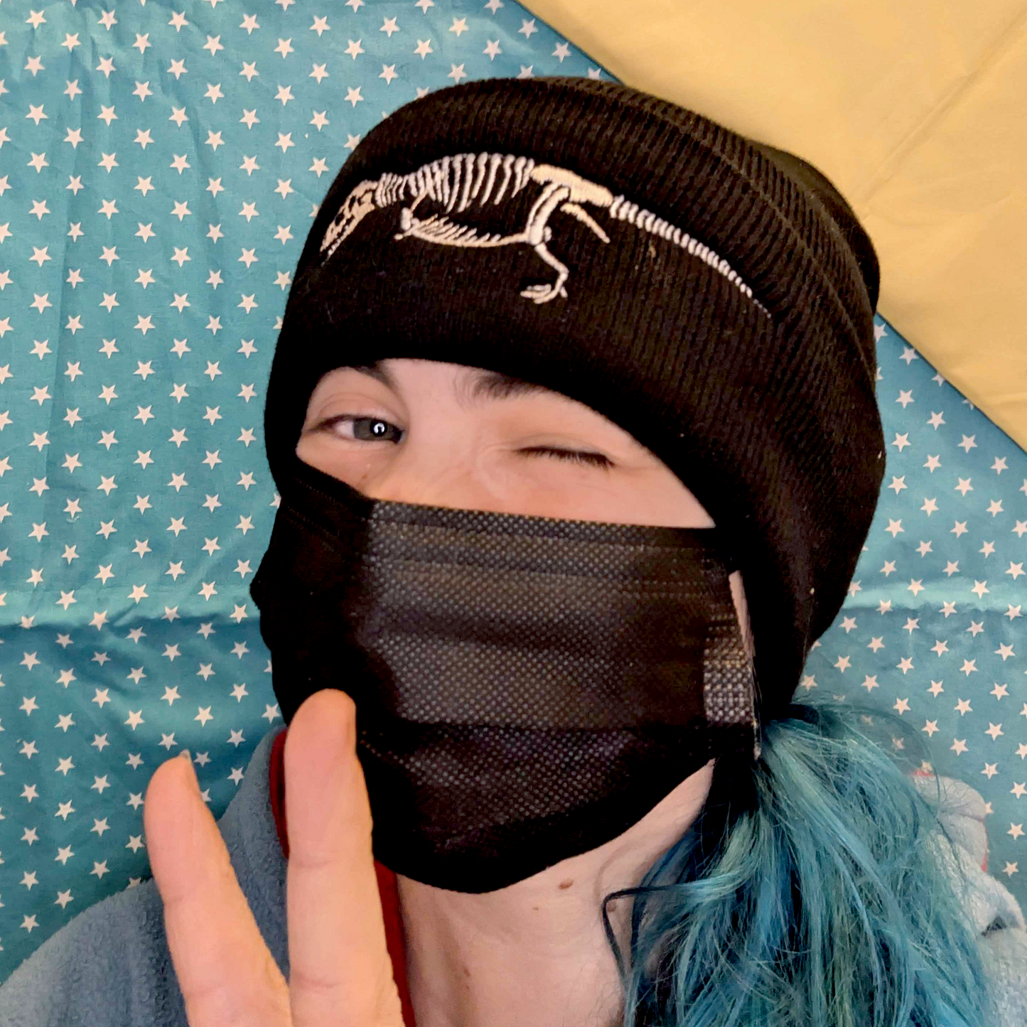 Black Beanie with Embroidered T-rex Skeleton