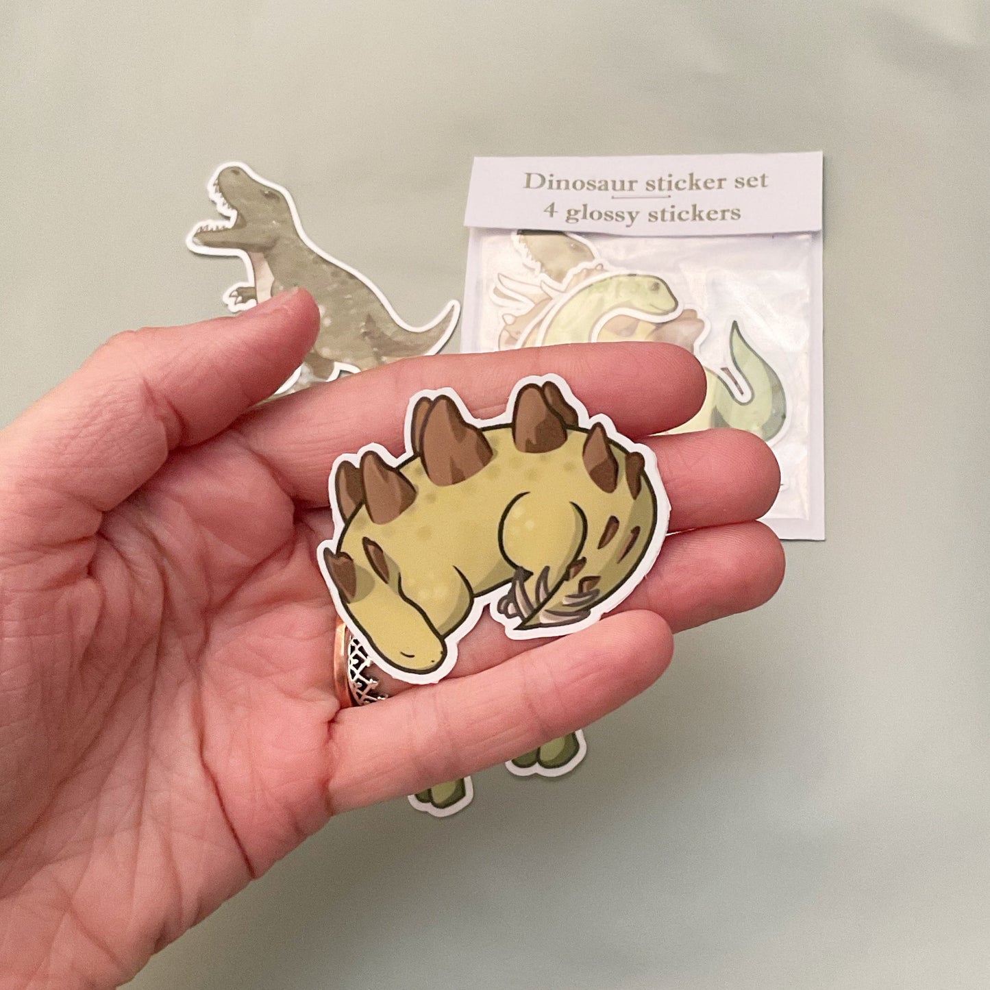 4 Glossy Dinosaur Stickers - Triceratops, Trex, Stegosaurus, Diplodocus