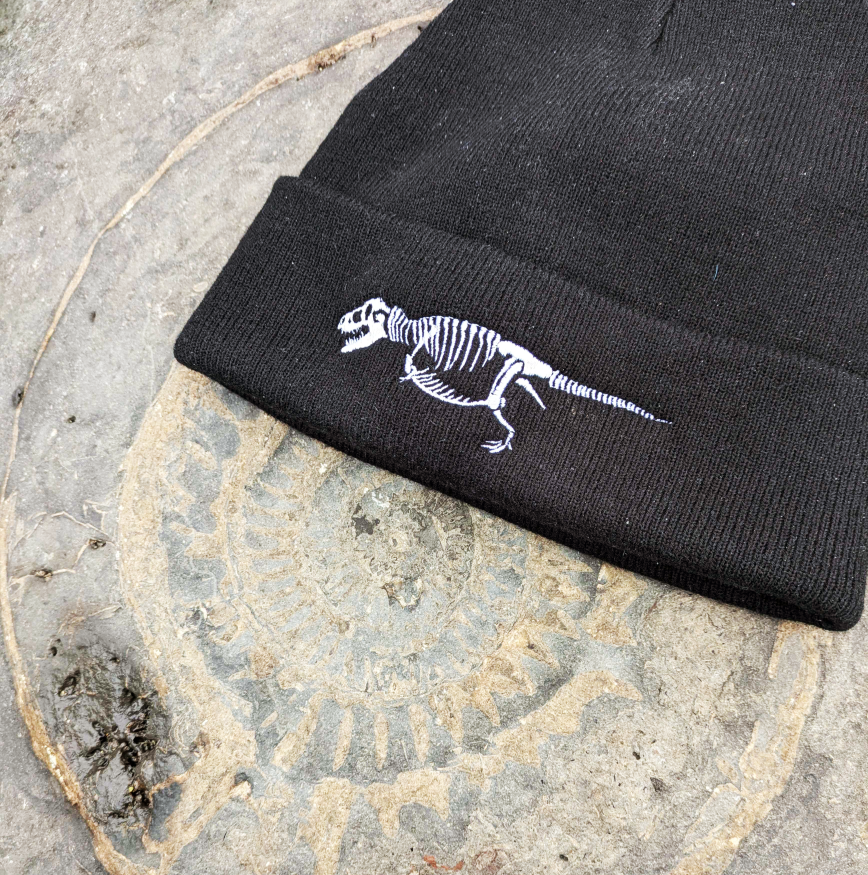 Black Beanie with Embroidered T-rex Skeleton