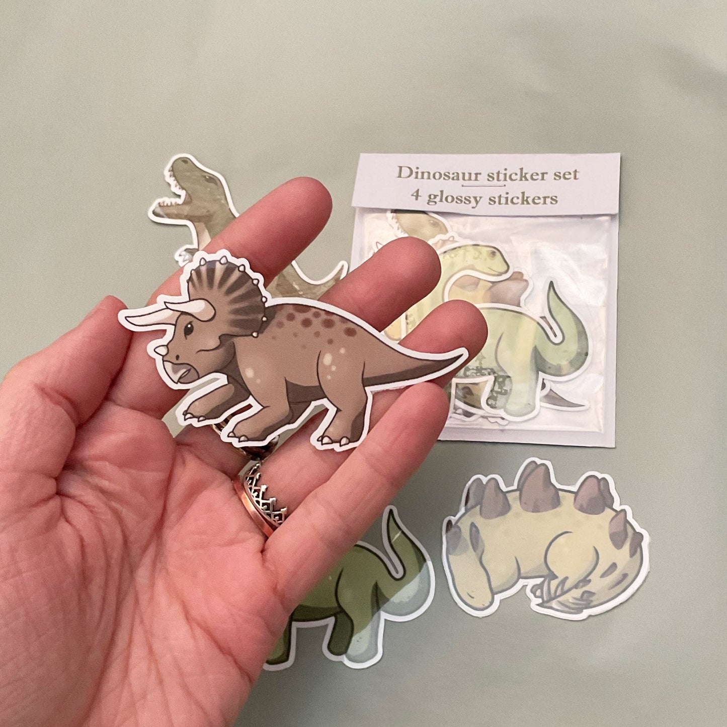 4 Glossy Dinosaur Stickers - Triceratops, Trex, Stegosaurus, Diplodocus