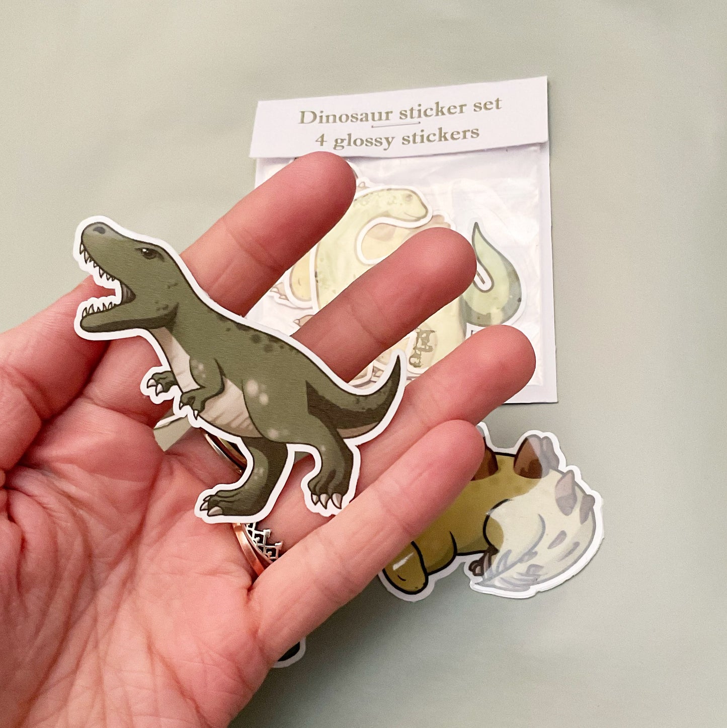 4 Glossy Dinosaur Stickers - Triceratops, Trex, Stegosaurus, Diplodocus