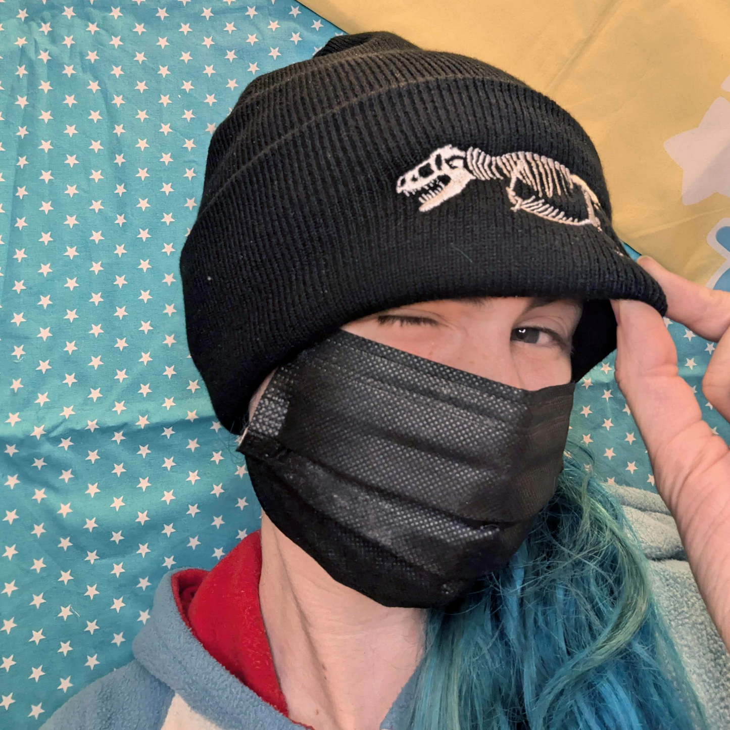 Black Beanie with Embroidered T-rex Skeleton